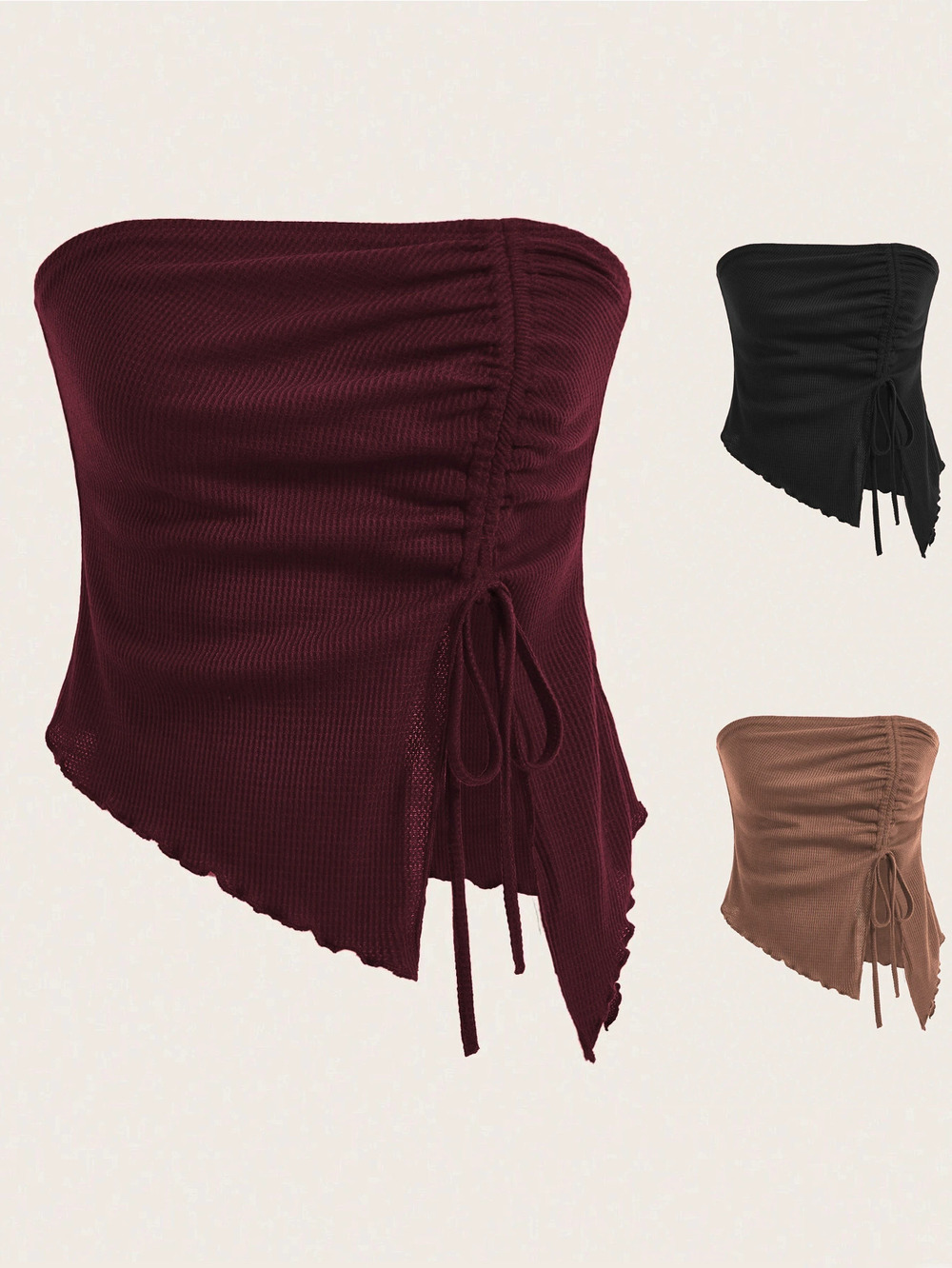 ZARA Summer Waffle Knit Tube Top Drawstring Asymmetric Slit Slim Fit